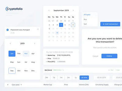 Component system - Cryptocurrency wallet app bitcoin coin component components cryptocurrency dashboard design system desktop elements etherium exchange portfolio product design style guide typography ui ux visual identity wallet