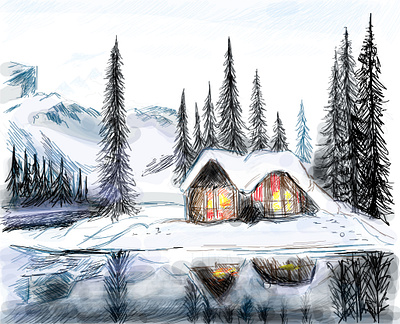 Sketch sketch of a house by the lake against the backdrop of pin barcode drawing forest graphics house lake landscape nature sketch tree