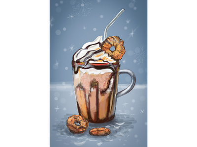 Coffee dessert with cream and cookies on a blue background. coffee cookies cream holiday ice cream latte. snowflake winter