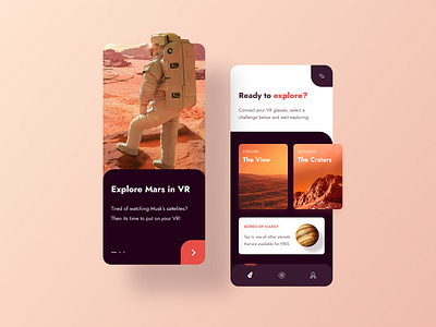 Mars - VR Exploring Space Mobile App cards cards ui clean creative explore explorer game layout mars mobile mobile app mobile design mobile ui modern orange space ui ux virtual reality vr