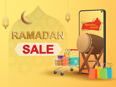 ramadan sale banner application bags banner clereance crescent design eid mubarak flat illustration lantern mobile online ramadan sale sales shoping trolley ui vector website