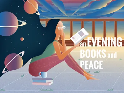 The Evening books coffee design digital art digital artwork evening galaxy illustration peace planet reading space stars vector vector art vector illustration vectorart