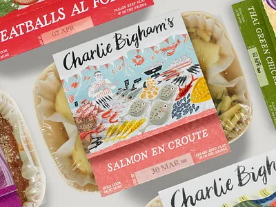 Charlie Bigham's branding colour design designer drawing fish food food illustration identity illustration illustrator market meal organic packagedesign packaging packaging design paper salmon sleeve