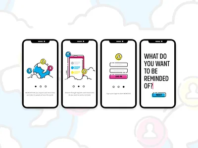Onboarding screens ui app branding design illustration interactive mobile mobile app product product design reminder app reminders ui ui ux ui design video