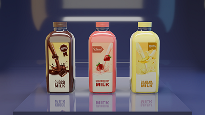 3d diff Milk bottles , Choko , Strawberry and banana 3d 3ds max 3dsmax banana blender botttle c4d design eevee label maya milk mockup photoshop psd render strawberry and banana strawberry and banana