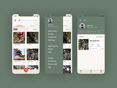 Bicycle ride app app app design application bicycle app bookmarks button color design fun ios iphone x menu product product map profile ride route screen trip ui