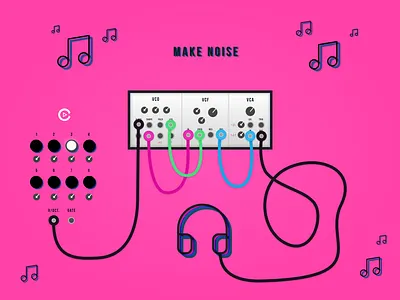 Modular Synth Artwork - Make Noise audio buttons cables creative dials headphones illustration illustrator instrument keyboard knobs modular music notes patch plug rack sound synth waveforms