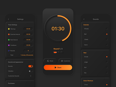 Dark Neumorphic Timer App app app design application colors dark dark app dark ui design ios iphone mobile app mobile ui neumorphism orange timer ui uiux