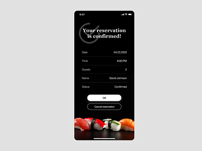 Daily UI #054 - Confirmation app concept confirm reservation confirmation confirmed daily 100 challenge dailychallenge dailyui design interface ios ios app reservation restaurant app ui uidesign ux