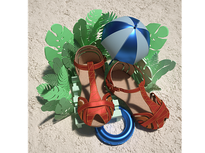 Girl's summer sandal 3d 3d art advertising blue cinema4d girl octane product product design red sandal shoes substance painter summer umbrella zbrush