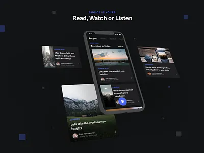 Read | Watch | Listen Content App article card cards content card dark design ios app design minimal ui