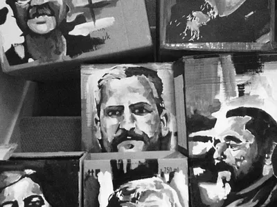 Homeless project final piece black and white cardboard illustration portrait sketch
