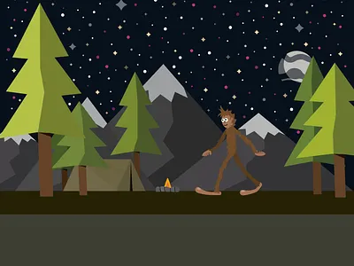 Mr. Bigfoot goes camping? adventure bigfoot camping character cute design fun graphic design illustration moon mountains night sasquatch sky stars tent vector