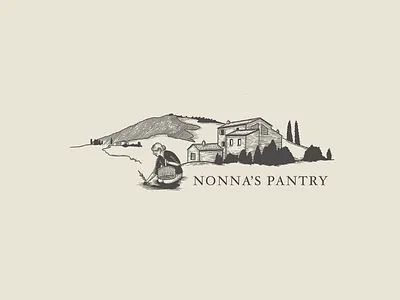 Nonna's Pantry Logo alps barn cottage european illustration italian italy landscape logo design monochromatic mountains nonna restaurant rome rustic summer traditional line tuscany vintage visual identity