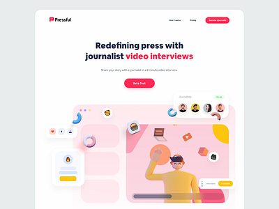 Pressfull Header Concept 2 3d 3dmodeling app clean colorful creative desktop elements fun header homepage illustration landing page pastel ui ux vibrant web web app website