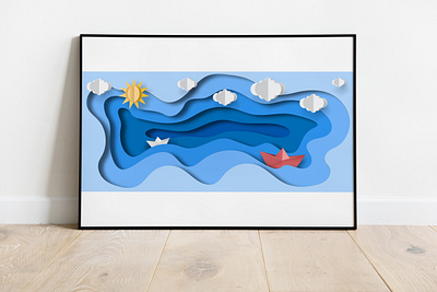 little papercut boat, drifting on papercut waves cutout illustration illustrator paper boat papercut sea