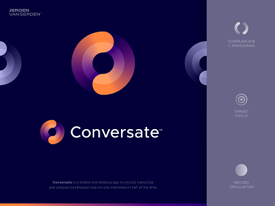 Conversate - Logo Design ⏺️ analyze brand identity design branding bullseye clock conversate conversation film focus forward gradient interview logo logo design record rotation talk target time turn