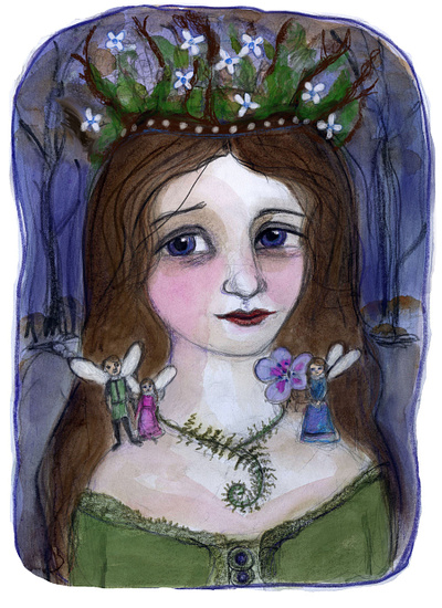 Folktaleweek Crown Queen Mab character design folklore folktale illustration portrait painting watercolor painting