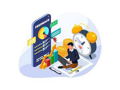 Businessman character check feedback analysis app artwork branding business businessman creative design dribbble feedback financial illustration isometric rate service target ui vector website worker