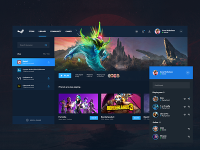 Steam app redesign app branding dark mode dark theme design desktop app dota 2 games gura nicholson logo steam steampowered uiux web