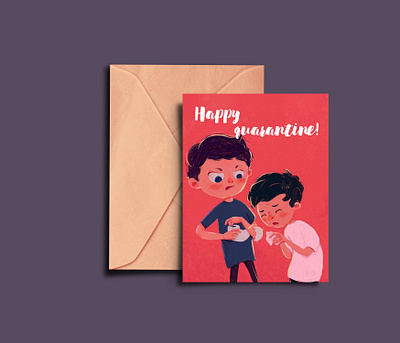 Happy quarantine boys brothers design illustration light postcard quarantine red