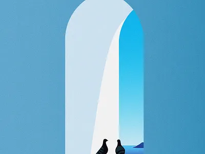 Birdies at a Window adobe illustrator birds blue digital illustration flat design gradients holiday illustration minimalism monochrome mood pigeons vacation vector vector illustration vectorart warmth window