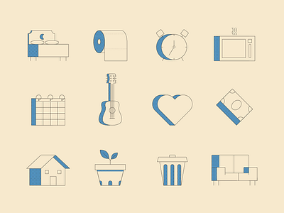 Household Items Icon Set alarm clock apartment calendar guitar halftone house icons line art microwave