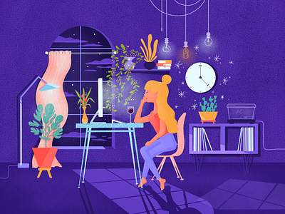 Date Night celestial character design colorful complimentary design furniture illustration interiors lighting midcenturymodern plants window