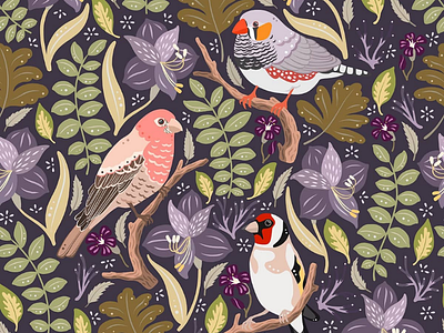 Finches Pattern adobe fresco animals birds cute digital art digital ilustration finch floral flowers folk art goldfinch house finch leaves motif nature pattern pattern designer purple surface pattern design zebra finch