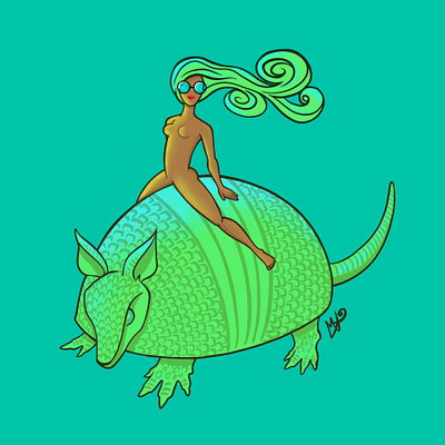 Mother of Armadillos armadillo digital color digitalart drawing fantasy green illustration procreate sunglasses woman