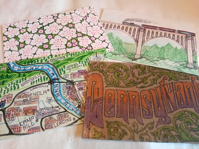 Four Pennsylvania Themed Postcards drawing floral illustration landmark map postcard postcards postcrossing railroad scrollwork typography