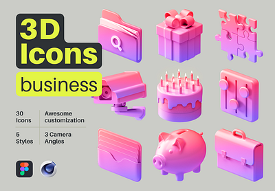 Multiangle Business 3D Icons 3d 3d icons 3dicons birthday cake briefcase business c4d cinema4d folder icon icon icons marketing mockup piggybank present presentation slides template tool ui