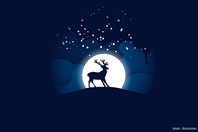 Reindeer Illuminated with Moonlight clouds cloudy digital illustration digitalart fantasy flat illustration hill illustration illustrator moon night night mode nightlife nightlight reindeer stars vector art vector illustration