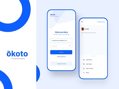 okoto - for premium yarns blue design digital fresh logo mobile okoto post sign in sign up social social app socialmedia ui uiux ux yarn yarns