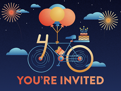 Birthday Invitation 40 balloons bikes birthday cake clouds fireworks gifts sketch stars