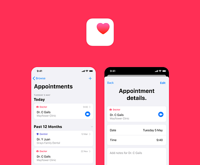 Apple Health Appointments app app design apple appointment appointment booking card date dentist design system details doctor health healthcare ios app today ui videocall