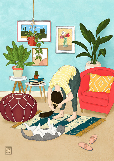 LONG HAIR PROBLEMS animal art cat combing digital art drawing girl home illustration living room portrait self care self isolation woman
