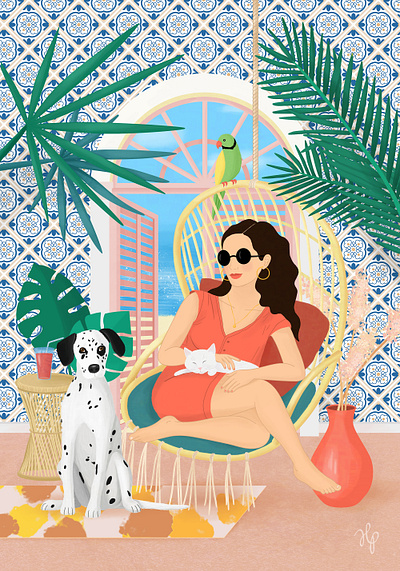 SWING animal art cat digital art dog drawing elegant girl illustration morocco summer tropical tropical leaves vacation woman