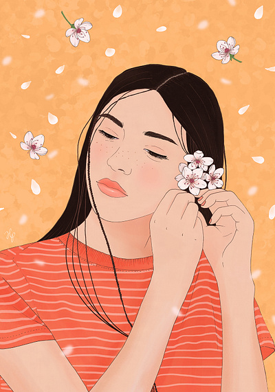 Falling cherry blossoms cherry blossoms digital art drawing elegant girl illustration portraits springtime woman