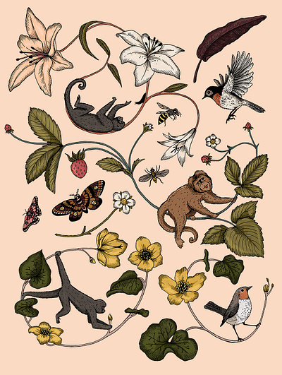 Monkeys animal art digital art drawing illustration lilly monkey nature pattern strawberry