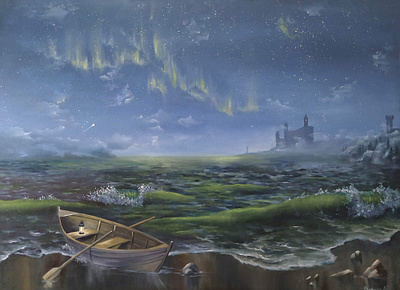 Sea of another world art artist artwork atmosphere blue boat green illustraion landscape magic night night sky oil on canvas sea sky stars water world