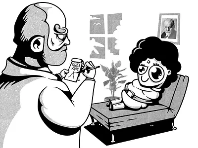 Psychoanalysis bw characters freud humor illustration monochrome psycho psychologist psychology therapy vector vectorart