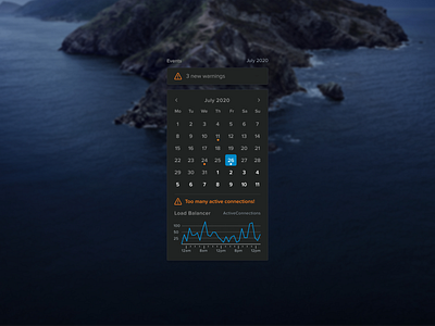 Server Monitoring — Events (Calendar) - Dark Mode calendar dark mode dark ui darkmode designsystem devops monitoring notification product design server server error uikit