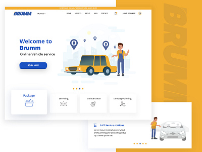 Brumm Landing page blue car character color icon illustraion landing landing page design landingpage logo ui