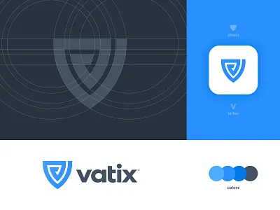 Vatix - Brand Identity Design brand brand identity branding design double meaning for sale unused buy grid layout icon identity identity designer lettermark logo logo design logomark logotype designer negative space shield smart mark typography v letter