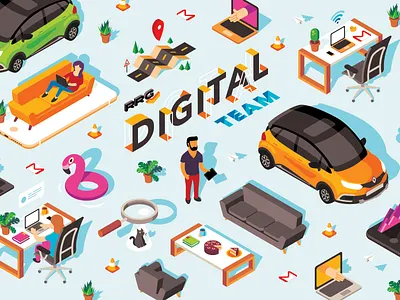 RRG Digital Team art car cat desk detail flat illustration isometric isometric illustration laptop mail office plant renault vector workplace