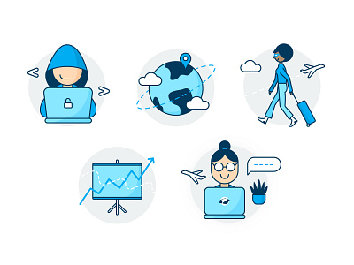 Travel Insurance Icons airplane blue cloud cystomer data design employee finance globe hacker icon illustration presentation security suitcase travel traveler ui vector world