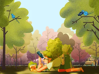 Bird watching the birdwatcher watching the bird birds birdwatcher characterdesign designer drawing flora graphicdesign illustration landscape outdoor plants