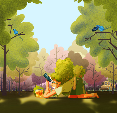 Bird watching the birdwatcher watching the bird birds birdwatcher characterdesign designer drawing flora graphicdesign illustration landscape outdoor plants