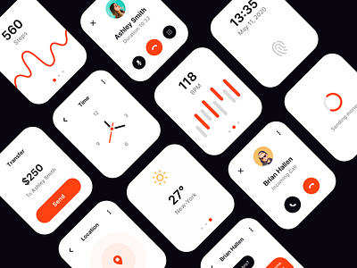 Smartwatch App - Light Mode app apple apple watch call calories chat clock heart heartbeat ios light location lock screen messages smartwatch steps time transfer ui weather